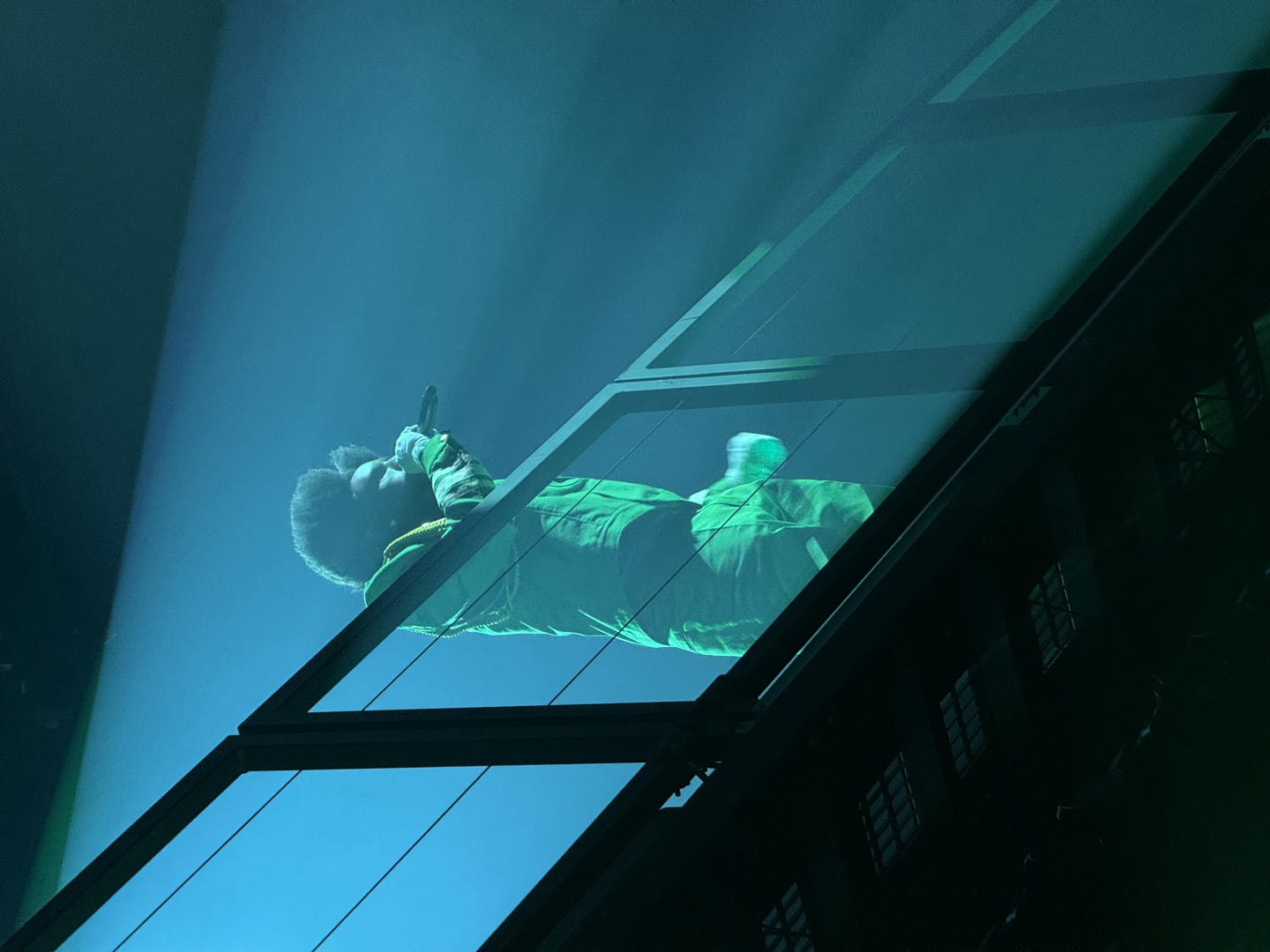 Tyler, The Creator in his signature CHROMAKOPIA outfit, standing on a bridge singing into his mic. The photograph is taken from a low angle, looking up to him