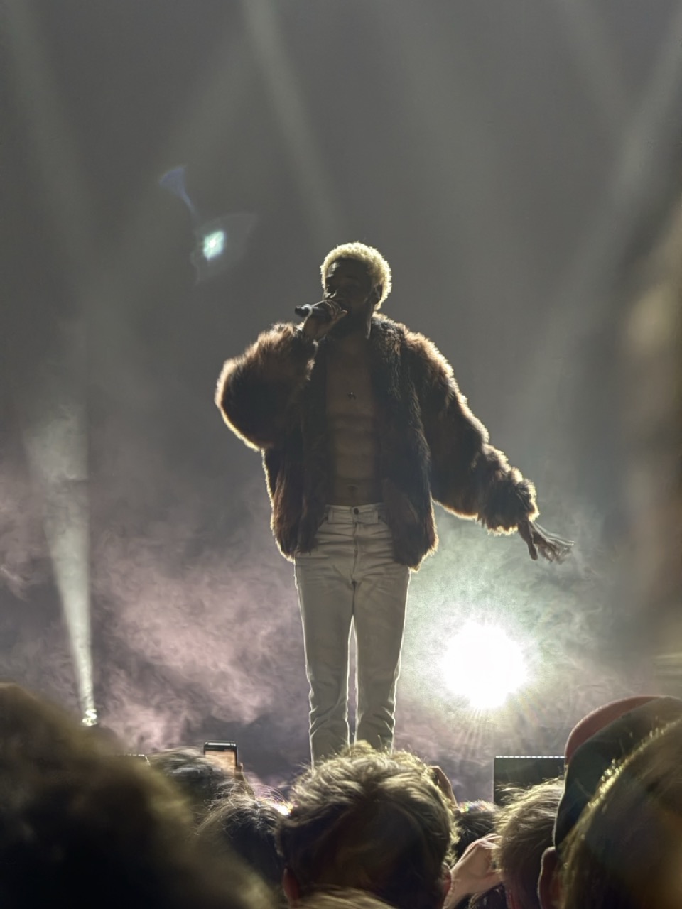 Danny Brown performing live on stage. He's holding the mic up to his mouth and is backlit by a spotlight and shrouded in smoke from smoke machines.