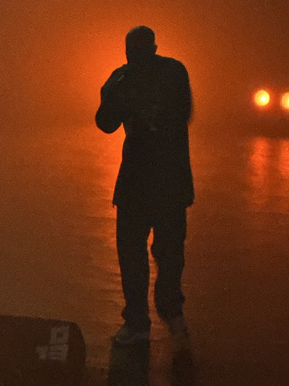 Freddie Gibbs rapping on stage. He's backlit so you can only make out his silhouette, and the background is lit by orange lights.